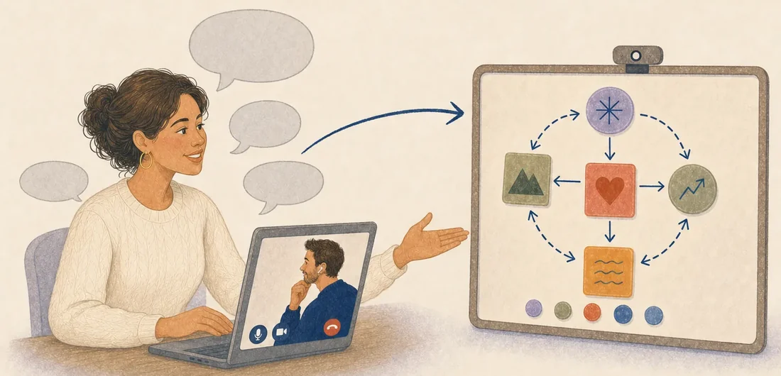 Illustration of a coach in a video call moving the conversation onto a shared visual board